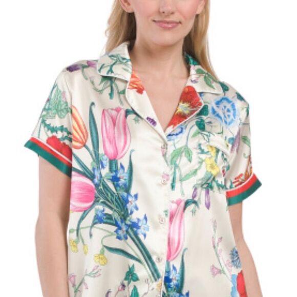 DALIA MACPHEE WhiteโField Poppy Floral 2pc Notched Collar Short Sleeve Shorts PJ - Picture 3 of 4